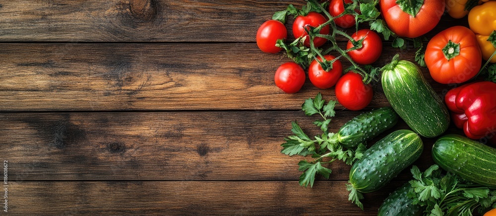 Fototapete a collection of fresh vegetables on the kitchen table juicy tomatoes peppers and cucumbers on a wood