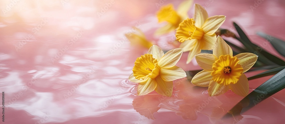Poster lovely daffodils in water on a pink background close up room for text. with copy space image. place 
