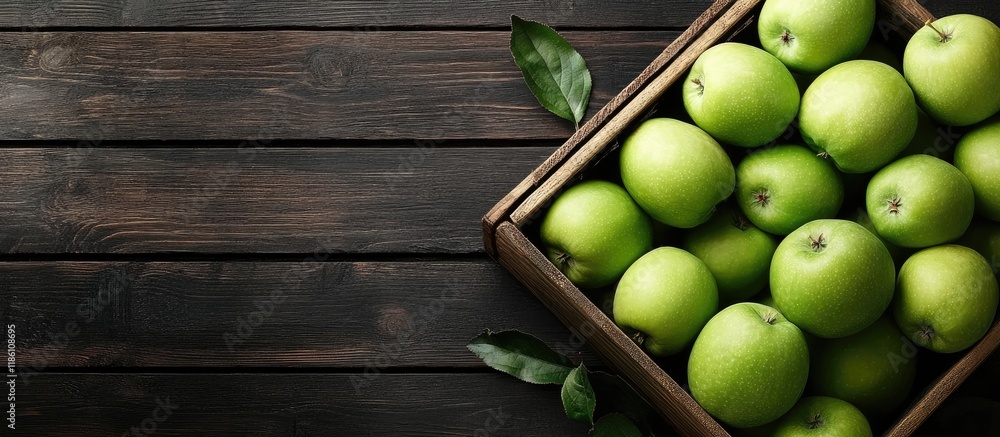Poster ripe green apples in a wooden box top view with copyspace