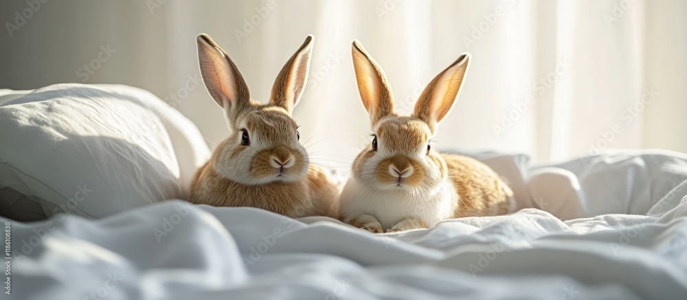 Poster Two Easter bunnies in the bed. with copy space image. Place for adding text or design
