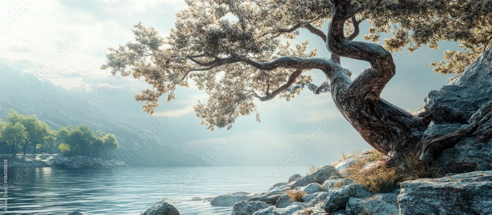 Poster an ancient tree by the shore. with copy space image. place for adding text or design