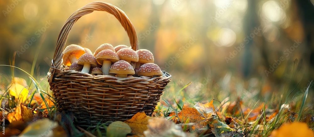 Aufkleber Wicker basket containing fungus in autumn grass with copy space for text