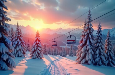 Winter wonderland scene in Julian Alps mountains. Snow covered trees, mountains. Beautiful sunset colors. Ski lift. Perfect for winter sports vacation ski resort brochures. Stunning winter landscape.