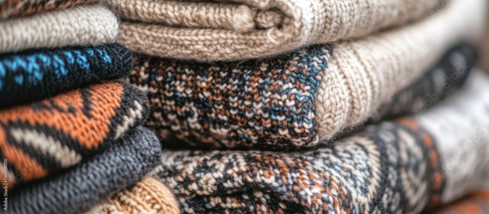 Aufkleber a close up of a stack of folded knitted sweaters featuring various patterns background suitable for 