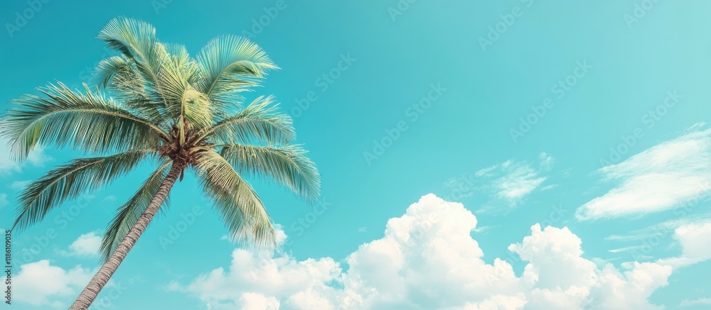 Poster summer at the beach with a palm tree under the blue sky and clouds includes copy space minimalist co