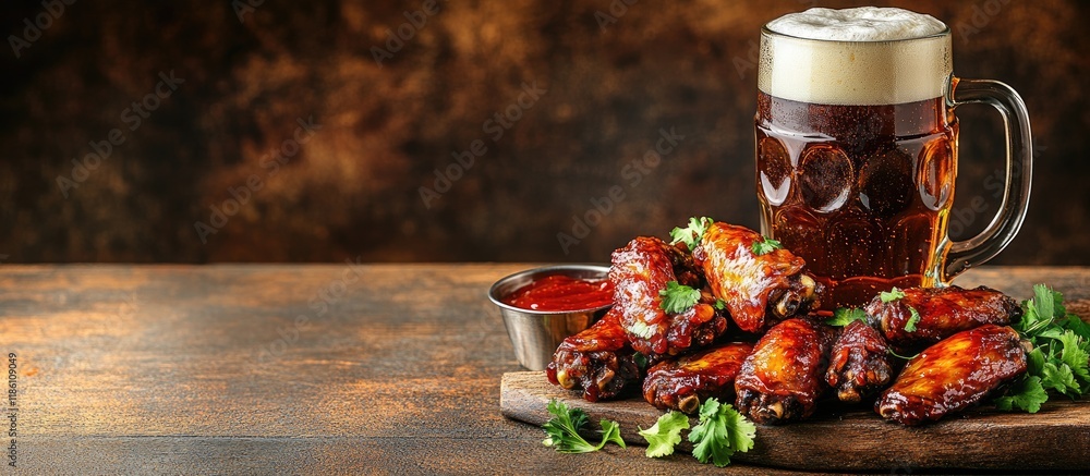 Aufkleber Savory chicken wings sauces and a mug of beer on a wooden table with space for text A delicious treat. with copy space image. Place for adding text or design