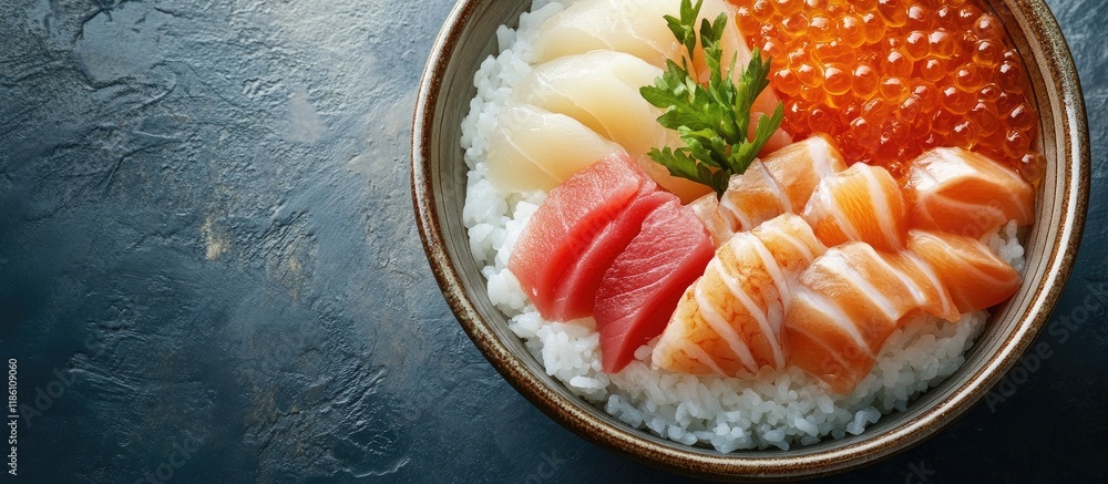 Poster make chirashi sushi a japanese dish consisting of rice topped with ingredients like sashimi. with co