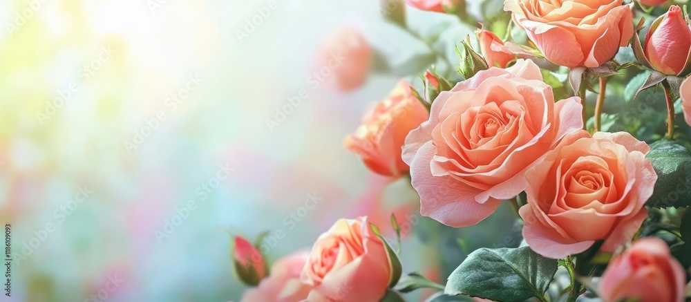 Aufkleber orange pink coral roses in the garden. with copy space image. place for adding text or design
