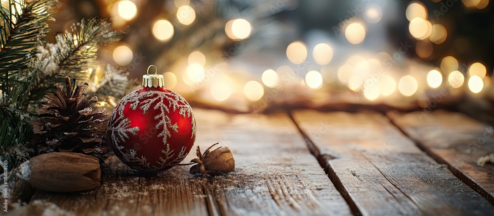 Aufkleber beautiful christmas eve backdrop on a rustic table with wooden ornaments. with copy space image. pla