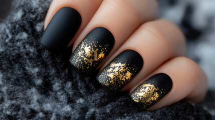 Close up of matte black gel nails with gold accents, showcasing elegance