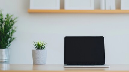 Modern desk setup featuring laptop with blank screen, plants, and minimalist decor, creating productive workspace