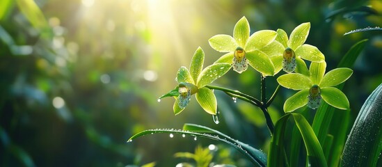The green orchids are blooming in the garden in the morning adorned with lovely dew. with copy space image. Place for adding text or design