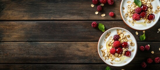 Morning meal breakfast Muesli cereal with fruits and red berries Yogurt for the muesli and milk in ceramic dishes Dark brown wooden background rustic style Top view and copy space