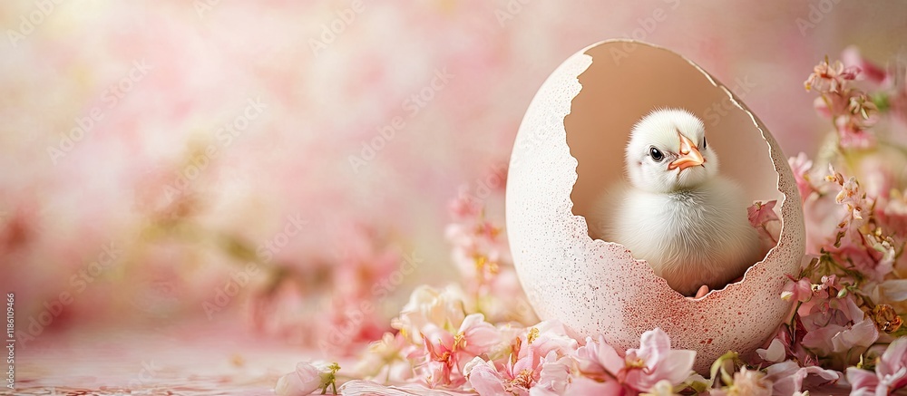 Poster easter handmade greeting card chick emerging from an eggshell set against a floral background with c