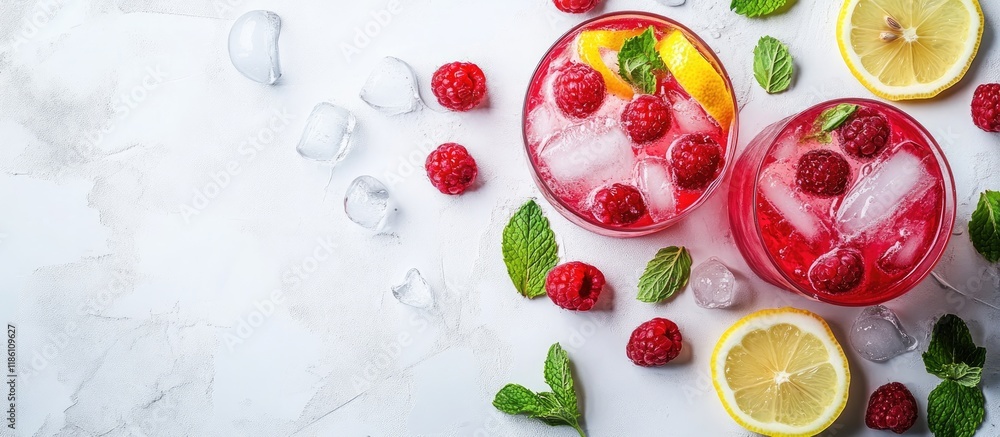 Leinwandbilder refreshing summer drinks including fruit and berry raspberry mojito or lemonade with fresh mint froz