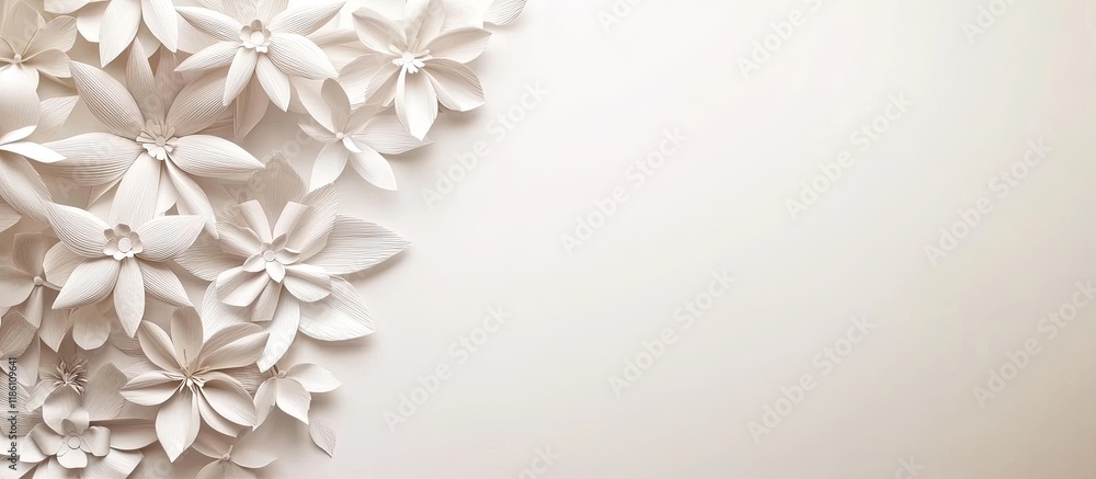Aufkleber white card with paper flowers for text placement. with copy space image. Place for adding text or design