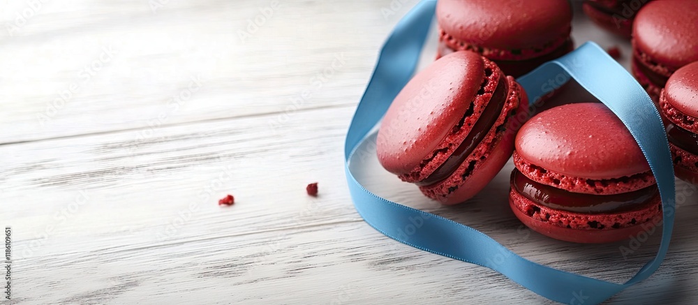 Aufkleber red macarons adorned with a blue ribbon on a white wooden table. with copy space image. place for ad