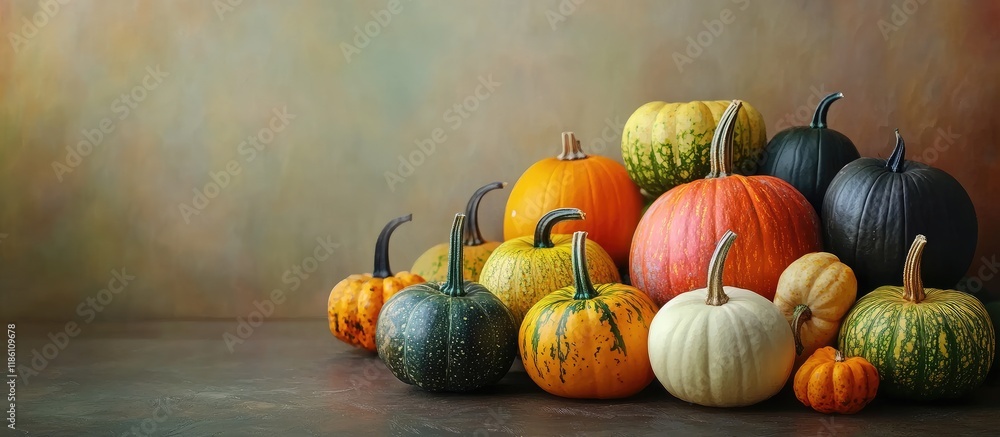 Poster a variety of decorative pumpkins an autumn arrangement of different types of squash on a table copy 