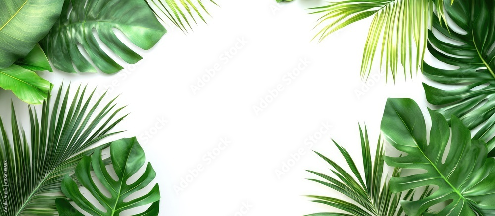 Poster exotic nature jungle arrangement isolated green palm and monstera leaves on a white background bio c