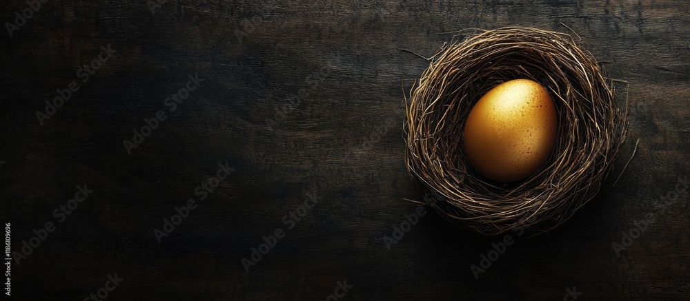 Poster Golden egg in a nest set against a dark wooden backdrop. with copy space image. Place for adding text or design