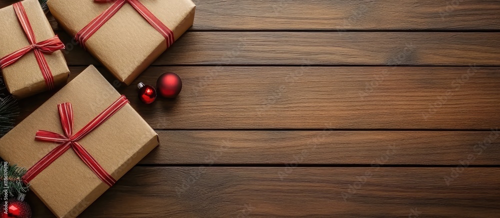 Poster packaging Christmas gifts in boxes on a wooden surface from above. with copy space image. Place for adding text or design