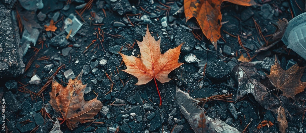 Fototapete An autumn maple leaf rests on the garbage. with copy space image. Place for adding text or design