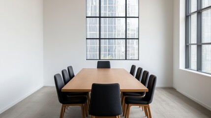 Modern meeting room with wooden table and black upholstered chairs