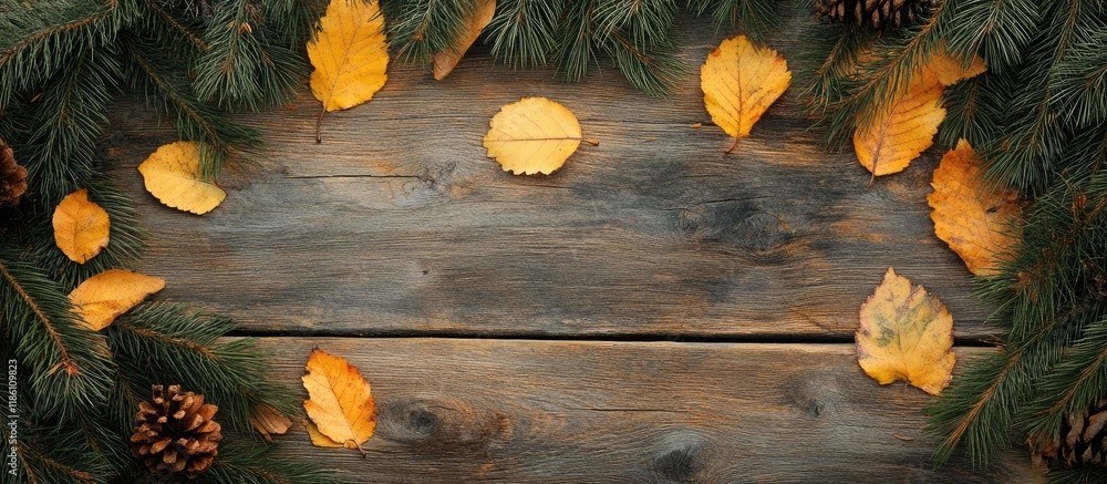 Leinwandbilder wooden autumn backdrop featuring fir needles and yellow leaves. with copy space image. place for add