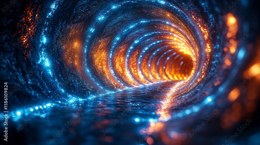 Poster a captivating animation called spiral vortex dynamics features swirling particles traversing a mesme