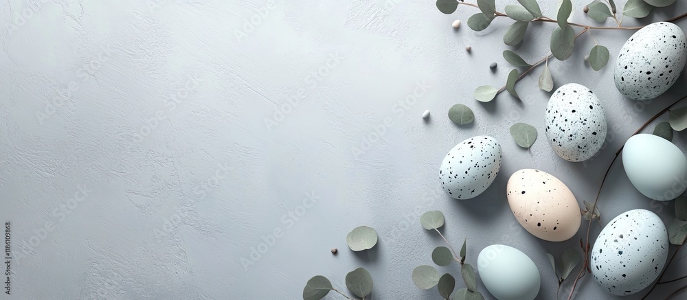 Fototapete Frame composed of Easter eggs and eucalyptus branches on a grey background. with copy space image. Place for adding text or design