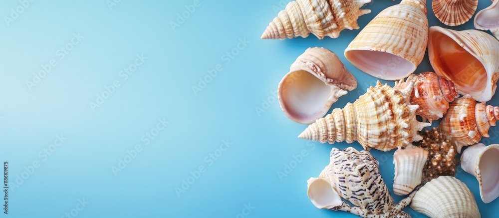 Aufkleber seashells against a blue backdrop. with copy space image. Place for adding text or design