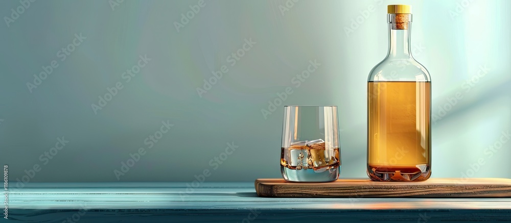 Poster an alcohol bottle and a glass are placed on a wooden board atop a blue table. with copy space image.