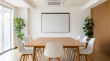 Modern meeting room with empty table and interactive screen for business presentation