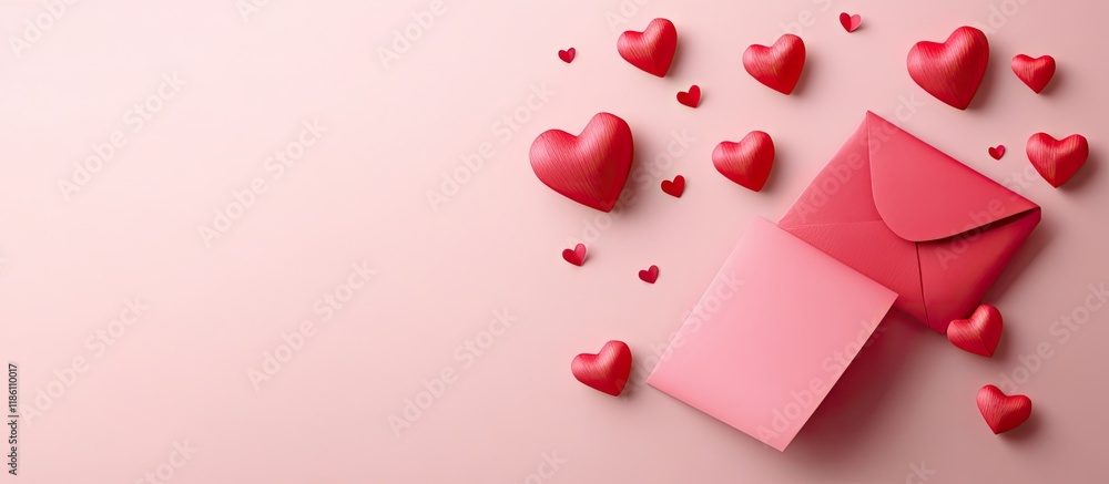 Poster Arrangement of paper hearts and an envelope for celebrating Valentine s Day on a pink background. with copy space image. Place for adding text or design
