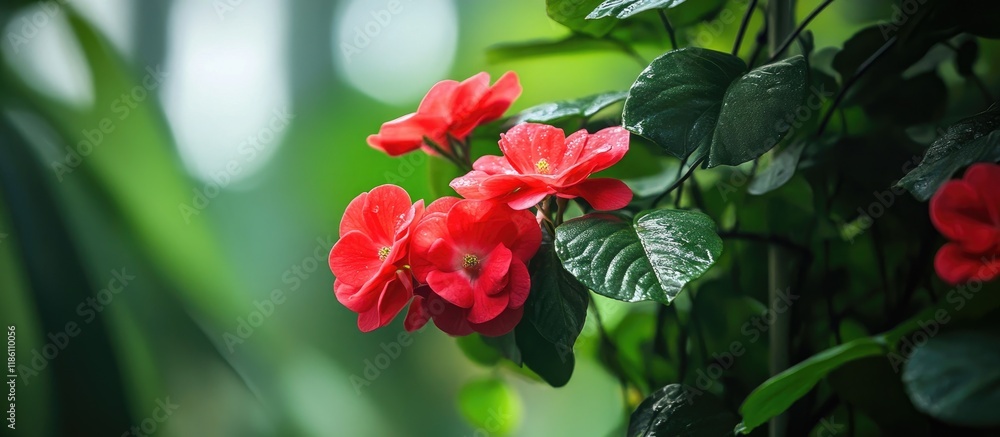 Poster red flowers and green leaves in a greenhouse. with copy space image. place for adding text or design