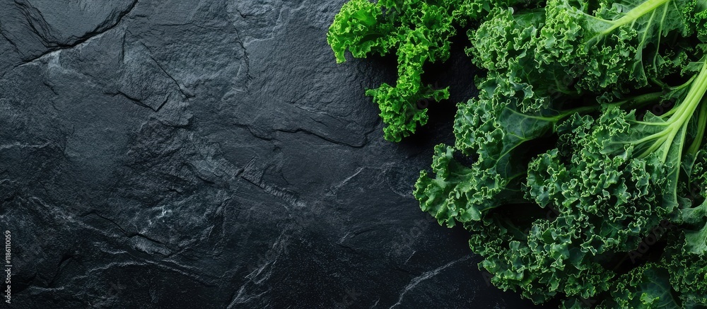 Poster Fresh green kale leaves on a dark stone backdrop Nutritious food ingredients. with copy space image. Place for adding text or design