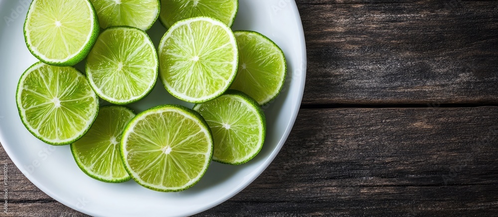 Aufkleber fresh lime close up of sliced limes on a white plate wooden table copy space