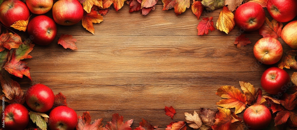 Leinwandbilder autumn border created with apples and maple leaves on a wooden background. with copy space image. pl