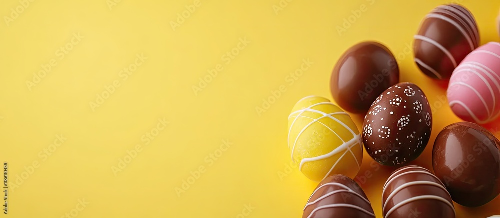 Poster painted and chocolate easter eggs packaging on a yellow background. with copy space image. place for