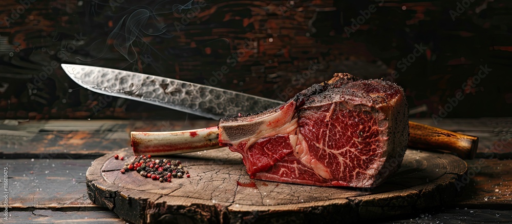 Poster Traditional raw dry aged wagyu tomahawk steak in close up on a weathered rustic board with a large knife. with copy space image. Place for adding text or design