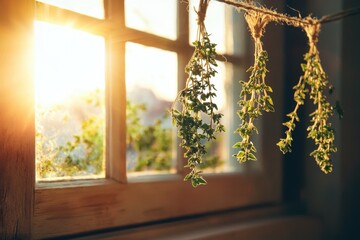 Thyme sprigs drying in natural light home kitchen close-up photography rustic interior warm atmosphere herbal preservation