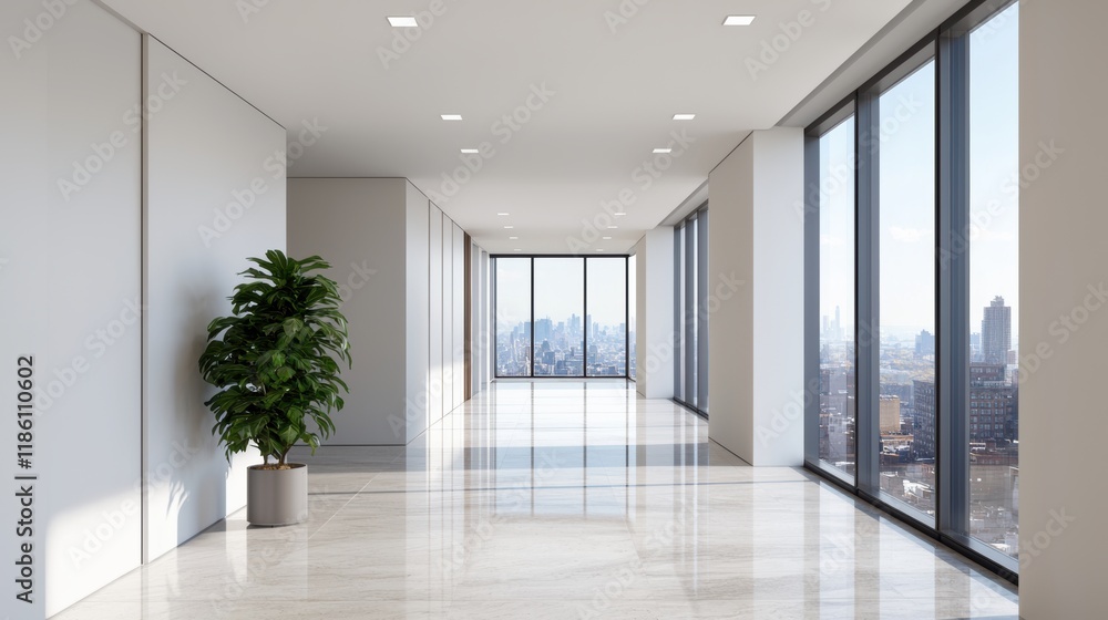 Poster modern empty office corridor with large windows and city view