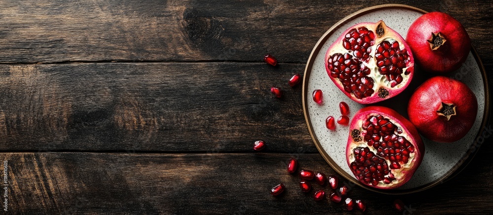 Poster juicy pomegranate with seeds on a plate on a dark wooden table viewed from above with copy space
