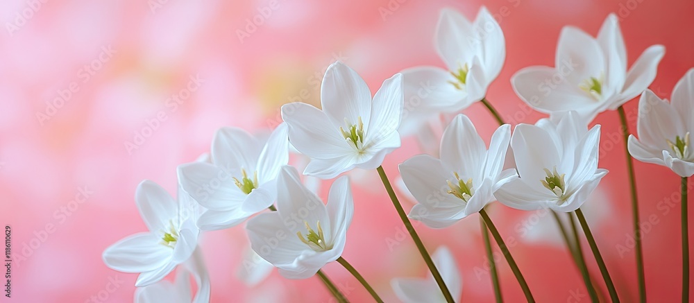Poster Macro world featuring white forest flowers against a pink background in nature Blooming natural forest flowers captured through macro photography for cards with a stunning array of macro flowers as