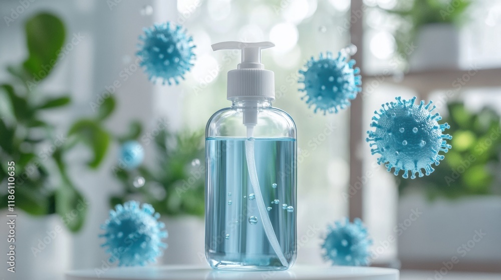 Poster droplets of sanitizer actively eliminating bacteria in a modern indoor space filled with greenery. g