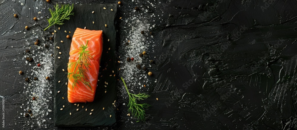 Aufkleber A piece of salted salmon garnished with dill on a black sesame background Top view Copy space for your text