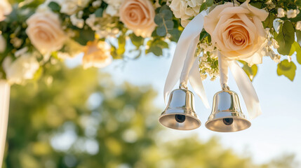 Close up of silver wedding bells adorned with white satin ribbons and flowers