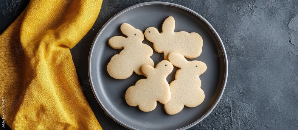 Aufkleber Easter cookies shaped like a rabbit on a gray plate with yellow fabric on a gray backdrop copyspace vertical photo