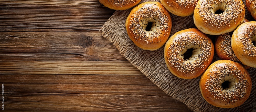 Poster numerous tasty fresh bagels on a wooden table with room for text. with copy space image. place for a