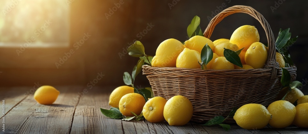 Aufkleber Fresh juicy lemons scattered from a basket on a wooden surface. with copy space image. Place for adding text or design